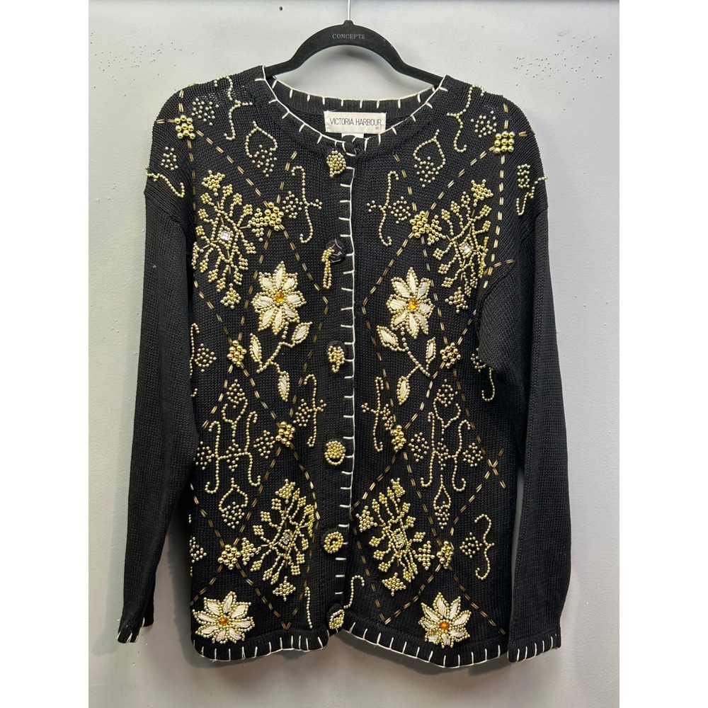 Victoria Harbour‎ Cardigan Women Small Black Gold Beaded Floral Embroidered Knit